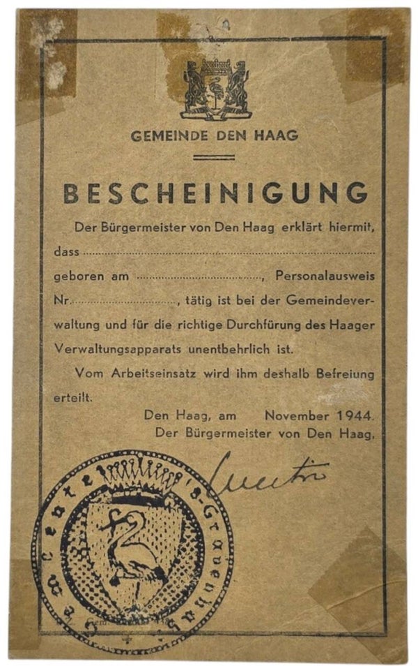 Original WW2 Dutch Document - Bescheinigung Den Haag, Arbeitseinsatz (1944)