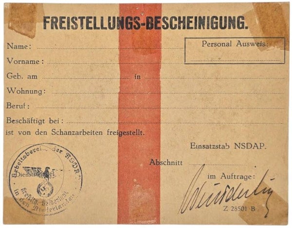 Original WW2 Dutch Document - Freistellungs-Bescheinigung NSDAP Gelderland