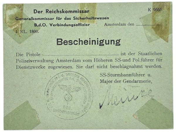 Original WW2 Dutch Document - Bescheinigung gun permit Polizei Amsterdam