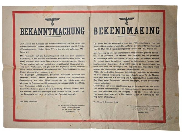 Original WW2 German Dutch Poster - Notice about use of electricity, The Hague (1944)
