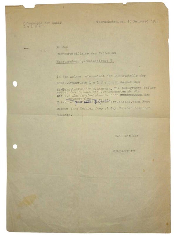 Original WW2 Dutch Waffen SS Document - Ortsgruppe der NSDAP Leiden, Dutch SS-Oberscharführer H. Nazemann letter, Voorschoten (1944)