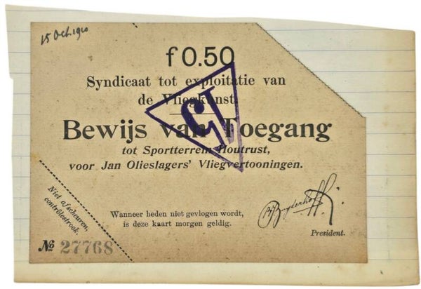 Original WW1 Dutch Document - Ticket aviation event Jan Olieslagers, Houtrust, The Hague (1910)