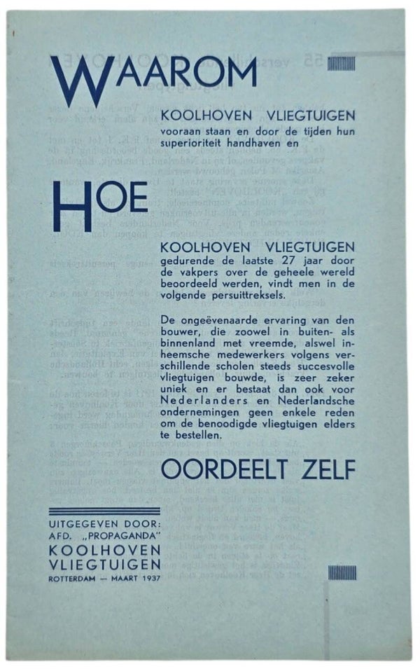 Original WW2 Dutch LVA Document - Waarom Koolhoven Vliegtuigen (1937)