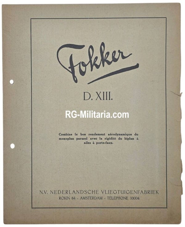 Original WW2 French Brochure - Fokker sales brochure D.XIII, D13 (1925)