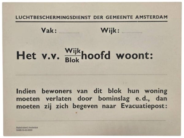 Original WW2 Dutch LBD Document - Luchtbeschermingsdienst Amsterdam evacuation post (1942)