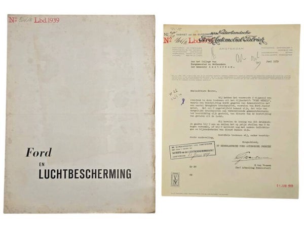 Original WW2 Dutch LBD Document - Luchtbeschermingsdienst Advertisement Ford en Luchtbescherming with letter (1939)