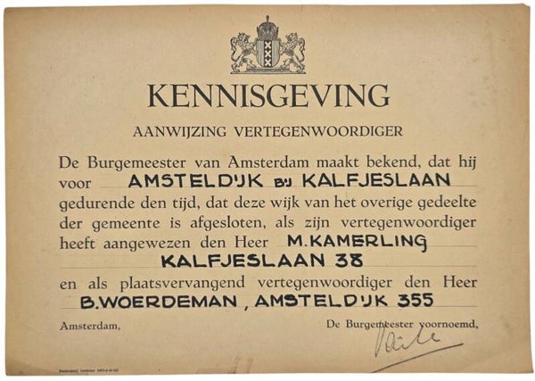 Original WW2 Dutch LBD Document - Notice closed off area Amsteldijk, Kalfjeslaan Amsterdam (1944)