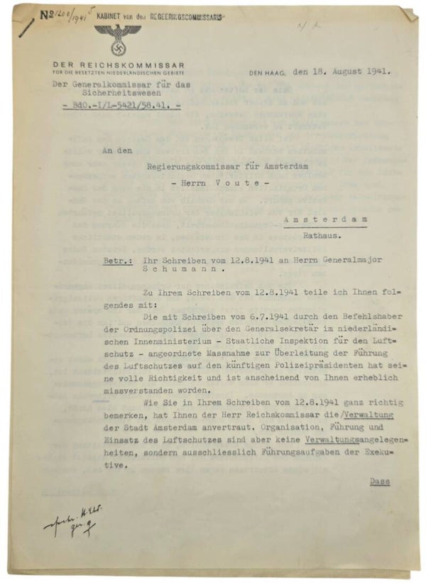 Original WW2 German Dutch Document - Letter from the department of the SS Polizeiführer Hanns Albin Rauter to the Mayor of Amsterdam, Voute (1941)