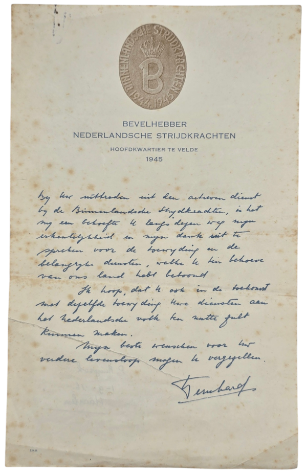 Original WW2 Dutch Document - NBS citation Prince Bernhard, Haarlem (1945)