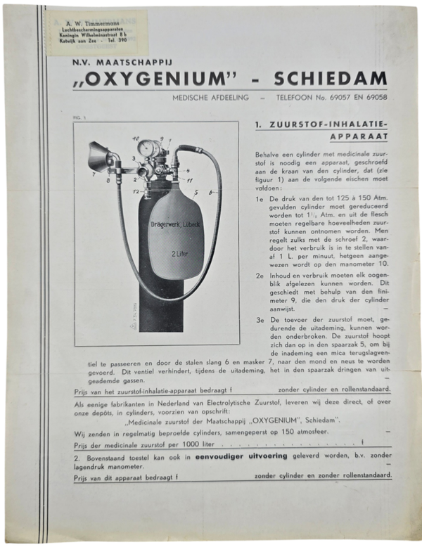 Original WW2 Dutch LBD Document - Draeger Gasbeschermingsapparaten voor de Luchtbescherming, Oxygenium, Schiedam