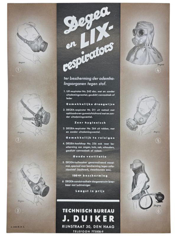 Original WW2 Dutch LBD Document - Degea en Lix-Respirators, Gasmaskers Technisch Bureau J. Duiker, Den Haag (1937)