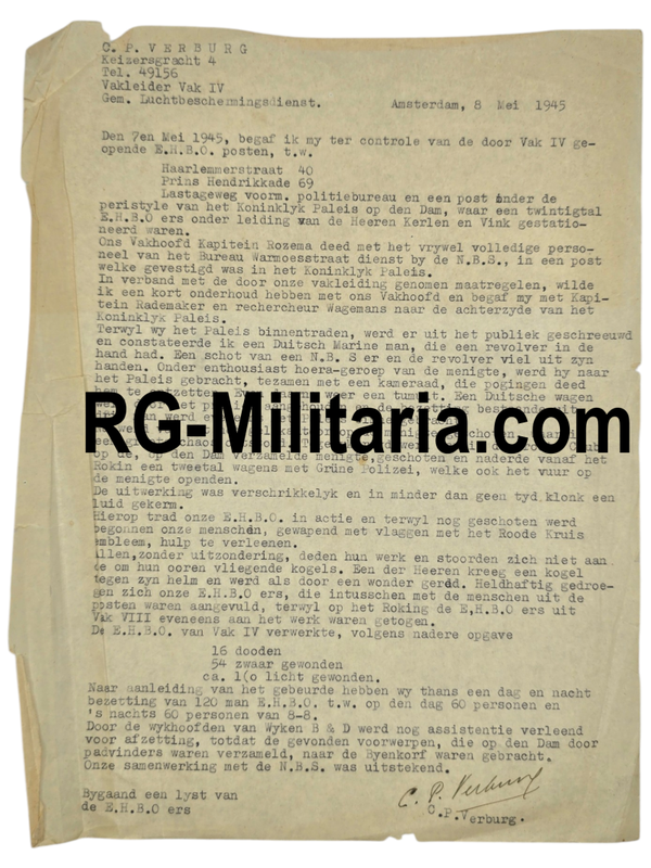 Original WW2 Dutch LBD Document - Report shootout on the Dam Square on Liberation day, Amsterdam, 8th of May (1945)