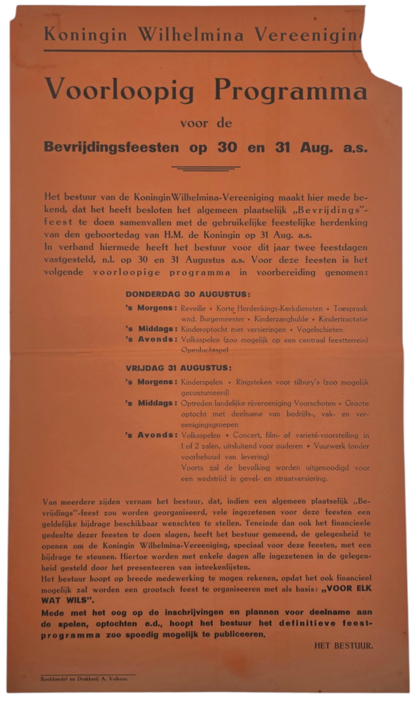 Original WW2 Dutch Liberation Poster - Voorlopig Programma, Bevrijdingsfeest Voorschoten (1945)