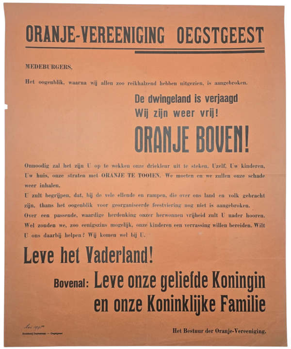 Original WW2 Dutch Liberation Poster - Liberation Poster Oegstgeest, Oranje-Vereeniging (1945)