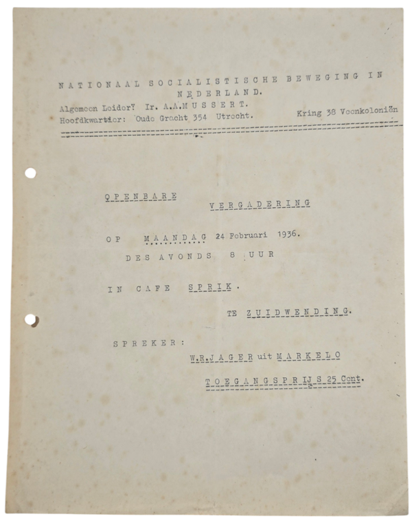 Original WW2 Dutch Collaboration NSB Document - NSB Veenkoloniën, Zuidwending gathering, Markelo (1936)