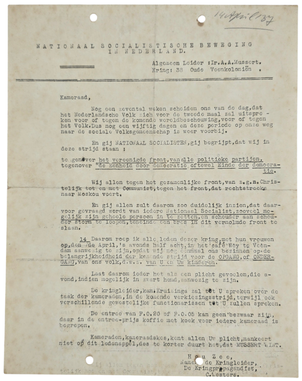 Original WW2 Dutch Collaboration NSB Document - NSB Veenkoloniën, gathering Veendam, C. Westers (1937)