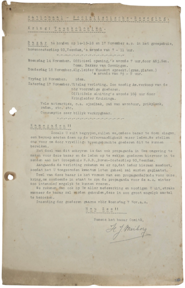 Original WW2 Dutch Collaboration NSB Document - NSB Veenkoloniën, gathering Veendam, Mussert (1937)
