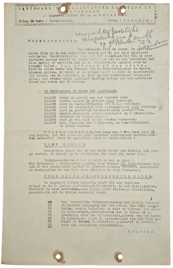Original WW2 Dutch Collaboration NSB Document - NSB Veenkoloniën, Veendam (1937)