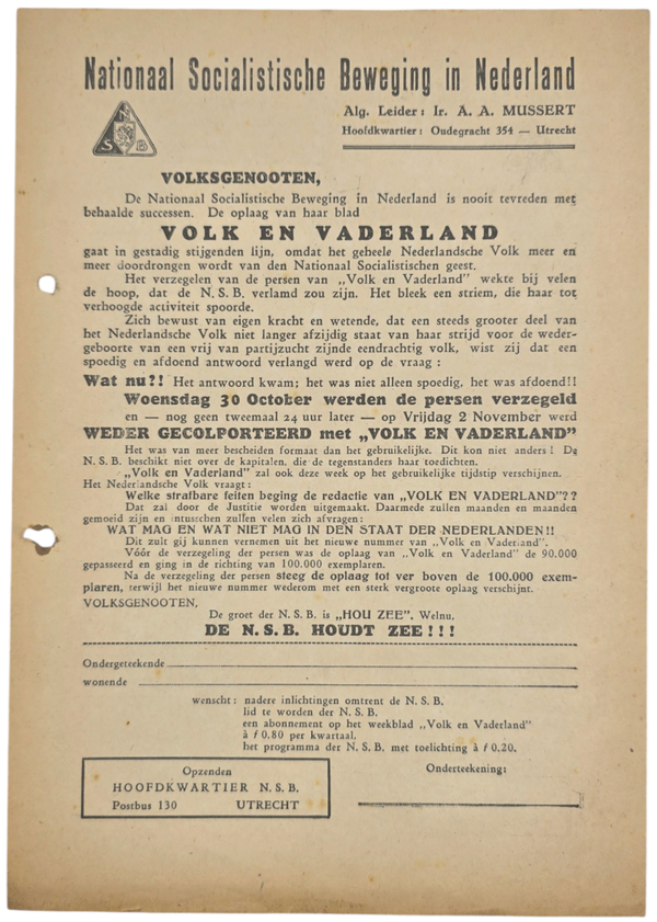 Original WW2 Dutch Collaboration NSB Document - Volk en Vaderland advertisement, Utrecht (1937)
