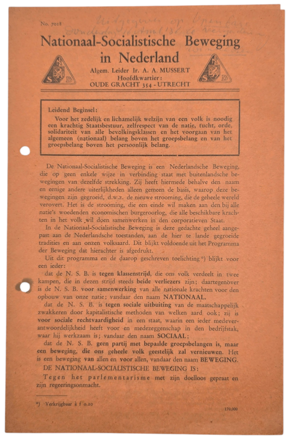 Original WW2 Dutch Collaboration NSB Document - NSB Leidend Beginsel, Winschoten (1936)