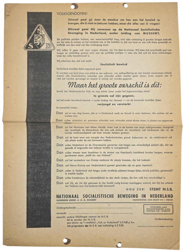 Original WW2 Dutch Collaboration NSB Document - NSB Volksgenooten (1936)