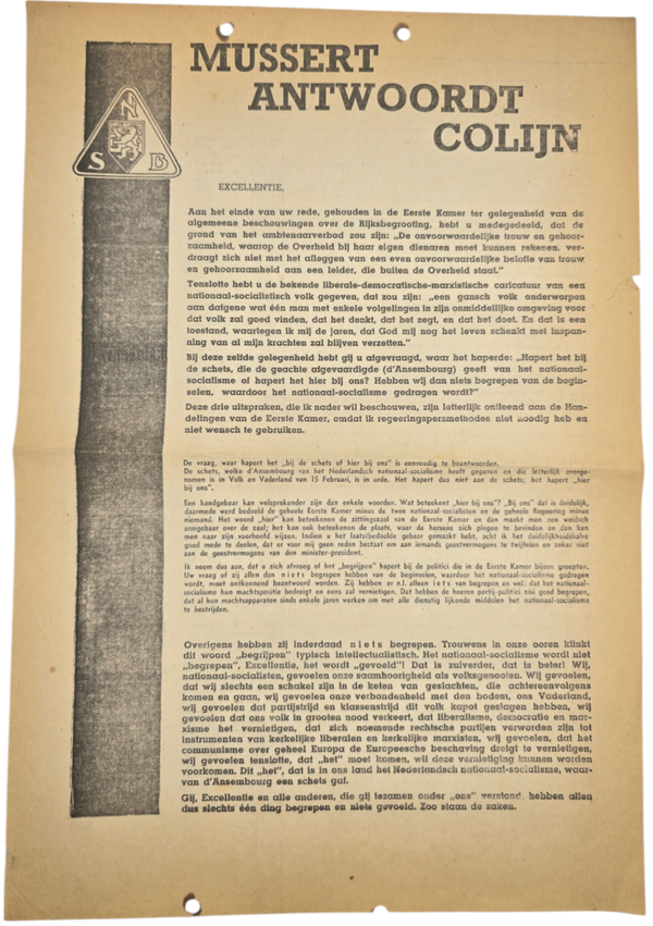 Original WW2 Dutch Collaboration NSB Document - NSB Mussert Antwoordt Colijn (1936)