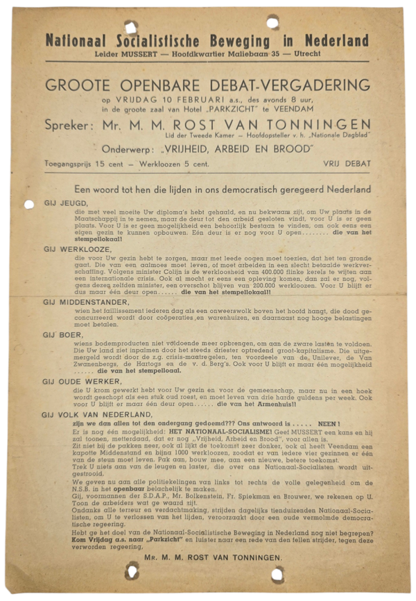 Original WW2 Dutch Collaboration NSB Document - NSB gathering Parkzicht Veendam, Rost van Tonningen (1937)