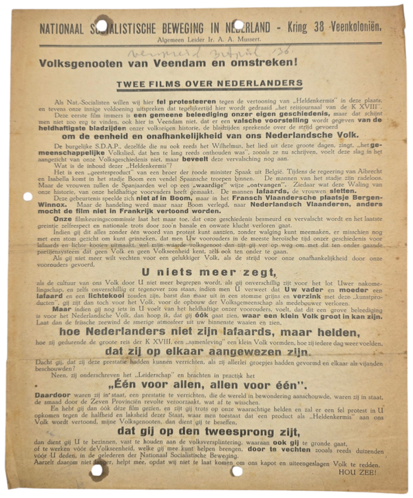 Original WW2 Dutch Collaboration NSB Document - NSB gathering Veendam (1936)