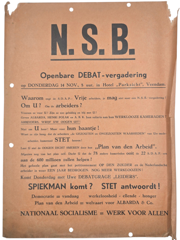 Original WW2 Dutch Collaboration NSB Document - NSB gathering Stet, Parkzicht, Veendam (1937)