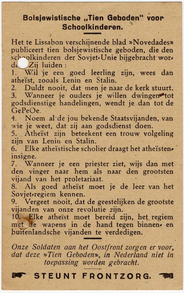 Original WW2 Dutch Collaboration NSB Document - Bolsjewistische ''Tien Geboden'' voor Schoolkinderen, Frontzorg