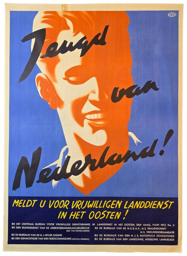 Original WW2 Dutch Collaboration NSB Poster - Jeugd van Nederland, Vrijwilligen landdienst (1943)