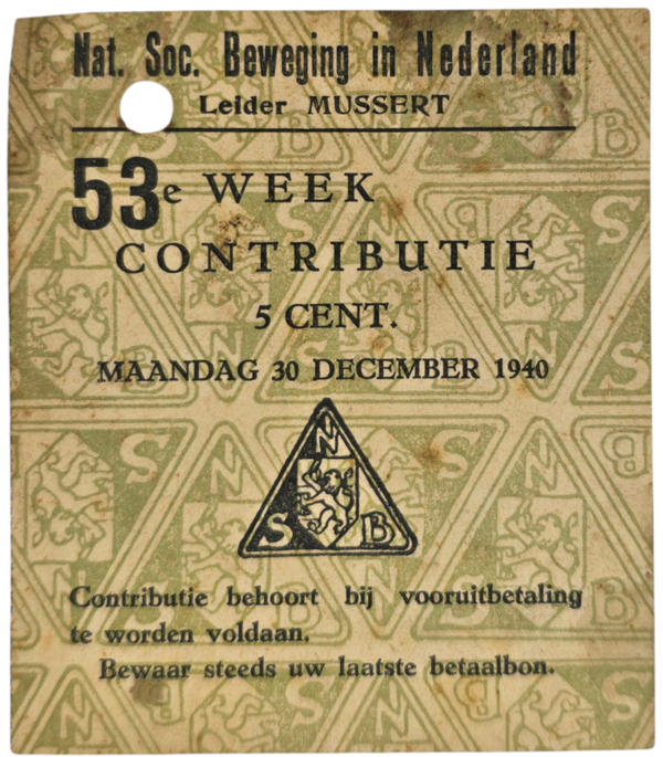 Original WW2 Dutch Collaboration NSB Document - Contribution seal 5 cents (1940)