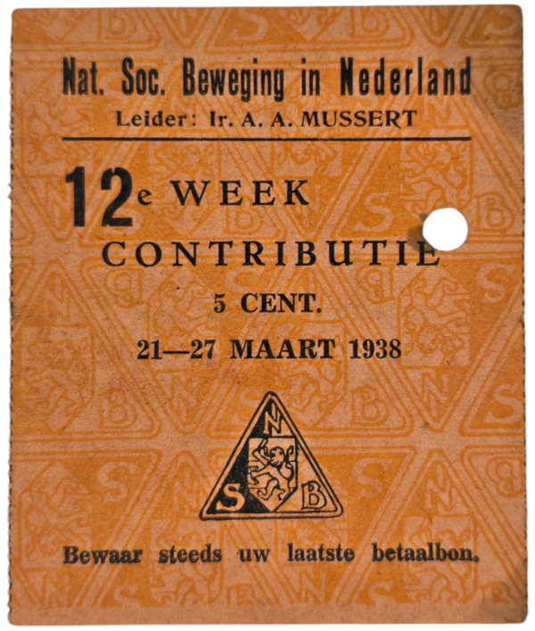 Original WW2 Dutch Collaboration NSB Document - Contribution seal 5 cents, Mecklenburg (1938)