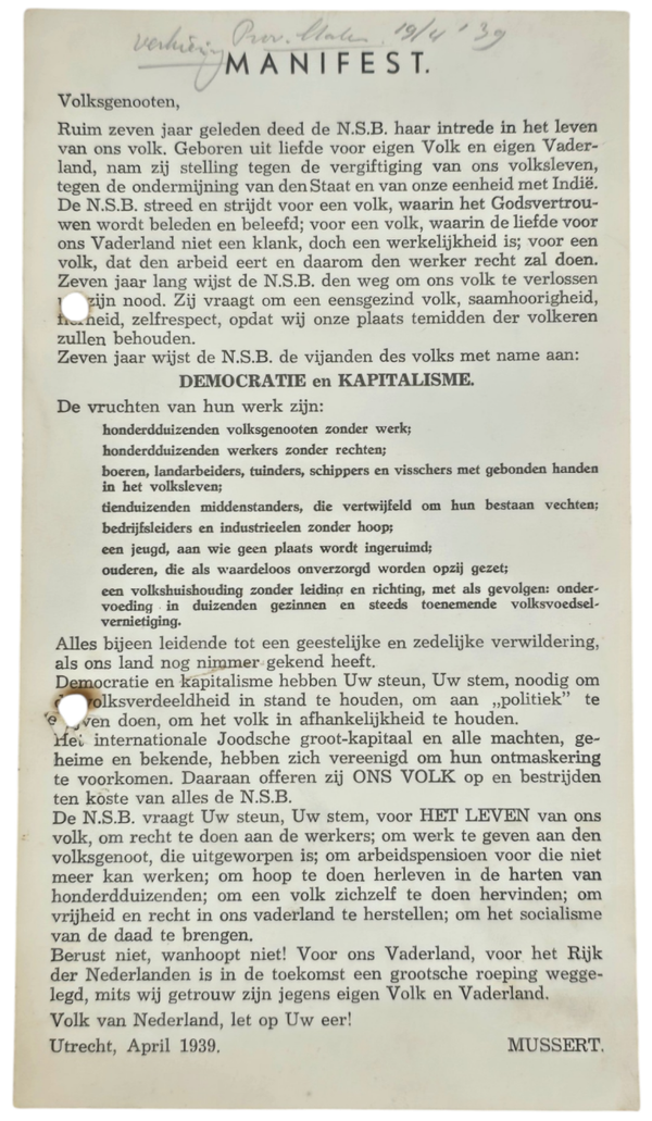 Original WW2 Dutch Collaboration NSB Document - Manifest Anton Mussert (1939)