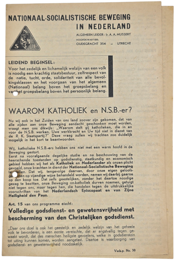 Original WW2 Dutch Collaboration NSB Document - Leidend Beginsel, Waarom Katholiek en NSBer? (1937)