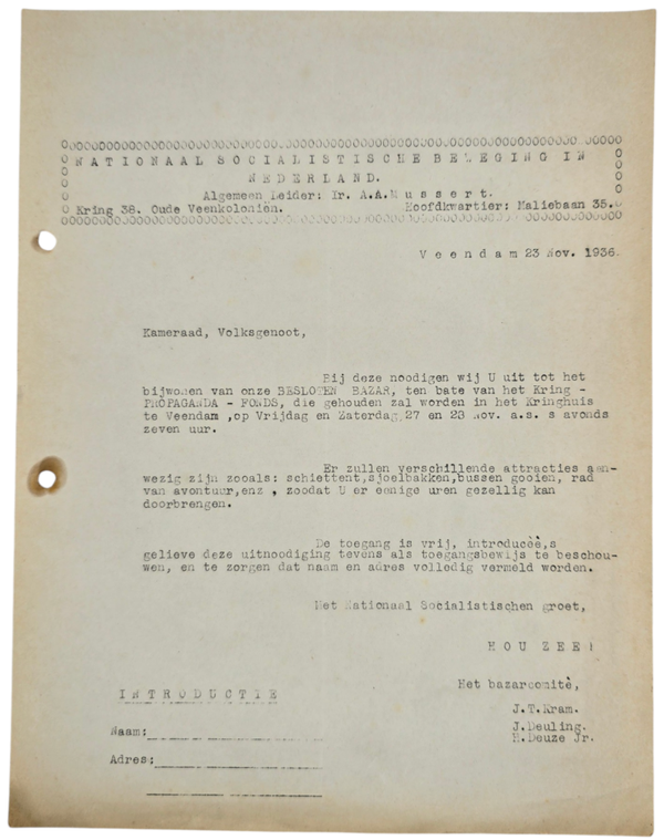 Original WW2 Dutch Collaboration NSB Document - NSB kringhuis Veendam gathering (1936)