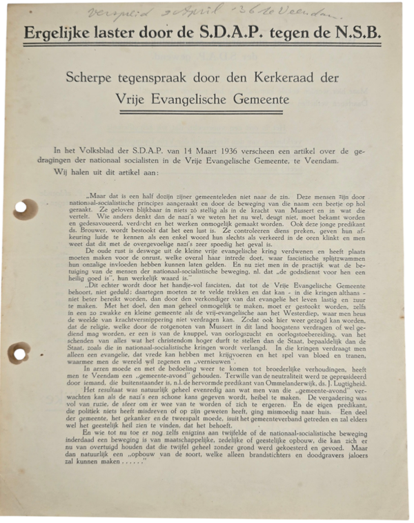 Original WW2 Dutch Collaboration NSB Document - NSB Veendam against the SDAP (1936)