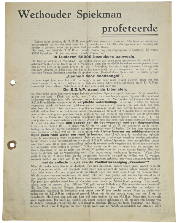Original WW2 Dutch Collaboration NSB Document - Wethouder Spiekman Profeteerde, NSB Veendam (1936)