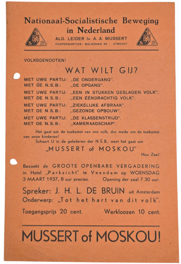 Original WW2 Dutch Collaboration NSB Document - NSB Mussert of Moskou! Hotel Parkzicht Veendam (1937)