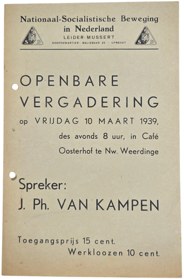 Original WW2 Dutch Collaboration NSB Document - NSB gathering J. Ph. Van Kampen, Oosterhof, Nw. Weerdinge (1939)