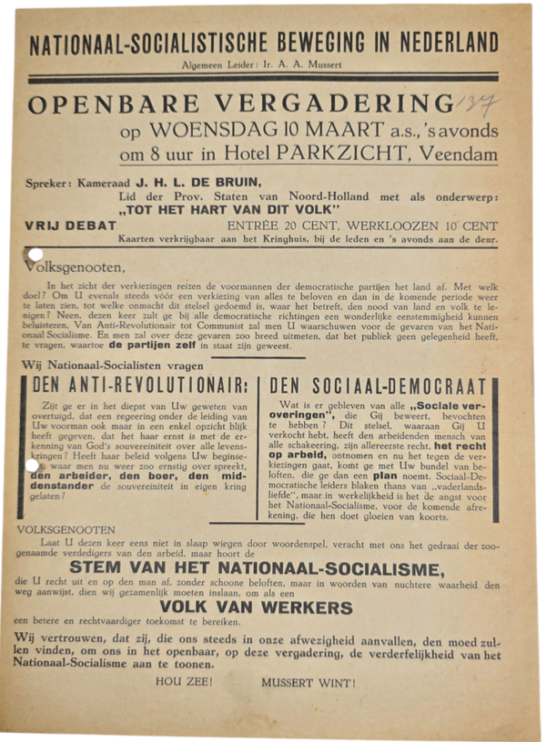 Original WW2 Dutch Collaboration NSB Document - NSB Gathering, J H L de Bruin, Hotel Parkzicht, Veendam (1937)