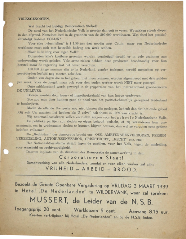 Original WW2 Dutch Collaboration NSB Document - NSB Gathering, Anton Mussert, Hotel de Nederlanden, Wildervank (1939)