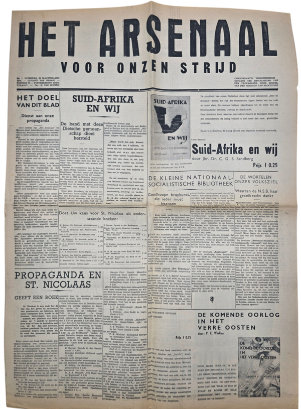 Original WW2 Dutch Collaboration NSB Newspaper - Het Arsenaal voor onzen Strijd No. 1, NENASU publisher newspaper (1936)
