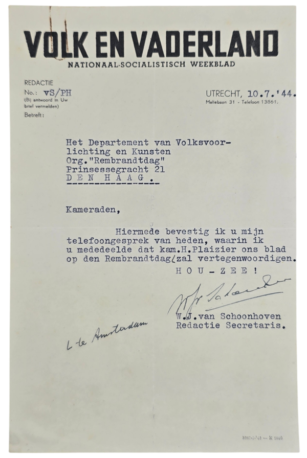 Original WW2 Dutch Collaboration NSB Document - Letter Volk en Vaderland, W. J. van Schoonhoven (1944)