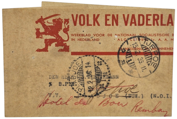 Original WW2 Dutch Collaboration NSB Document - Shipping label Volk en Vaderland, Tjepoe, Plabjoe, Dutch Indies (1938)