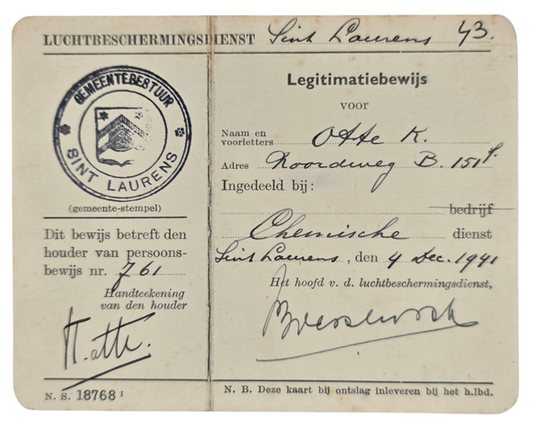 Original WW2 Dutch LBD Document - Luchtbeschermingsdienst ID card Chemische Dienst Sint Laurens (1941)