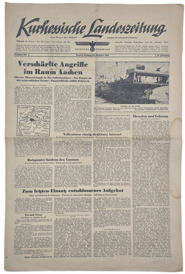 Original WW2 German NSDAP Newspaper - Kurhessische Landeszeitung, Raum Aachen (1944)