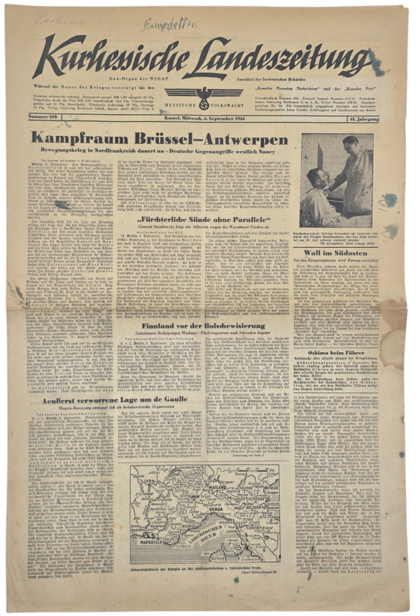 Original WW2 German NSDAP Newspaper - Kurhessische Landeszeitung, Kampfraum Brussel Antwerpen (1944)