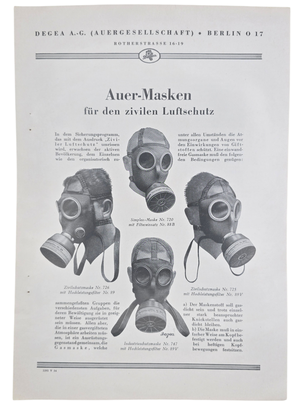 Original WW2 German Luftschutz Document - Auer gesellschaft gasmask advertisement