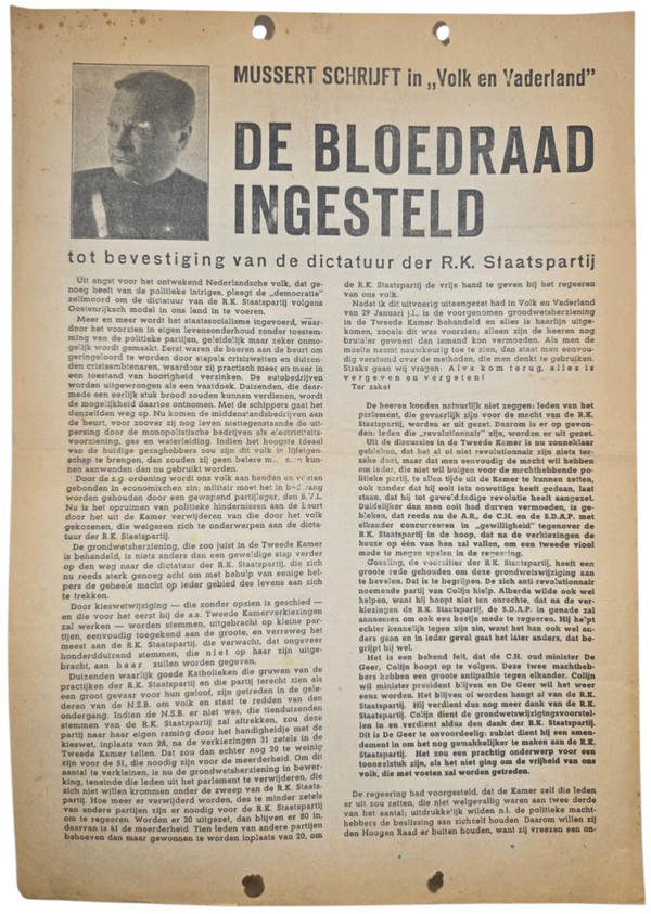 Original WW2 Dutch Collaboration NSB Document - De Bloedraad ingesteld, Vova overprint (1937)